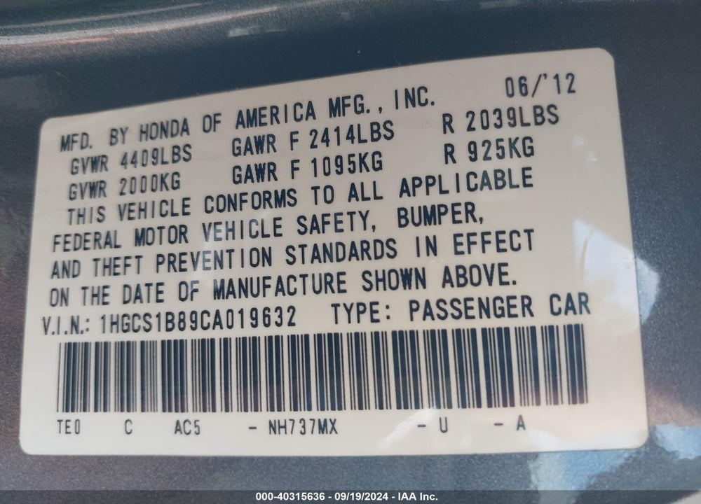 2012 HONDA ACCORD 2.4 EX-L VIN: 1HGCS1B89CA019632