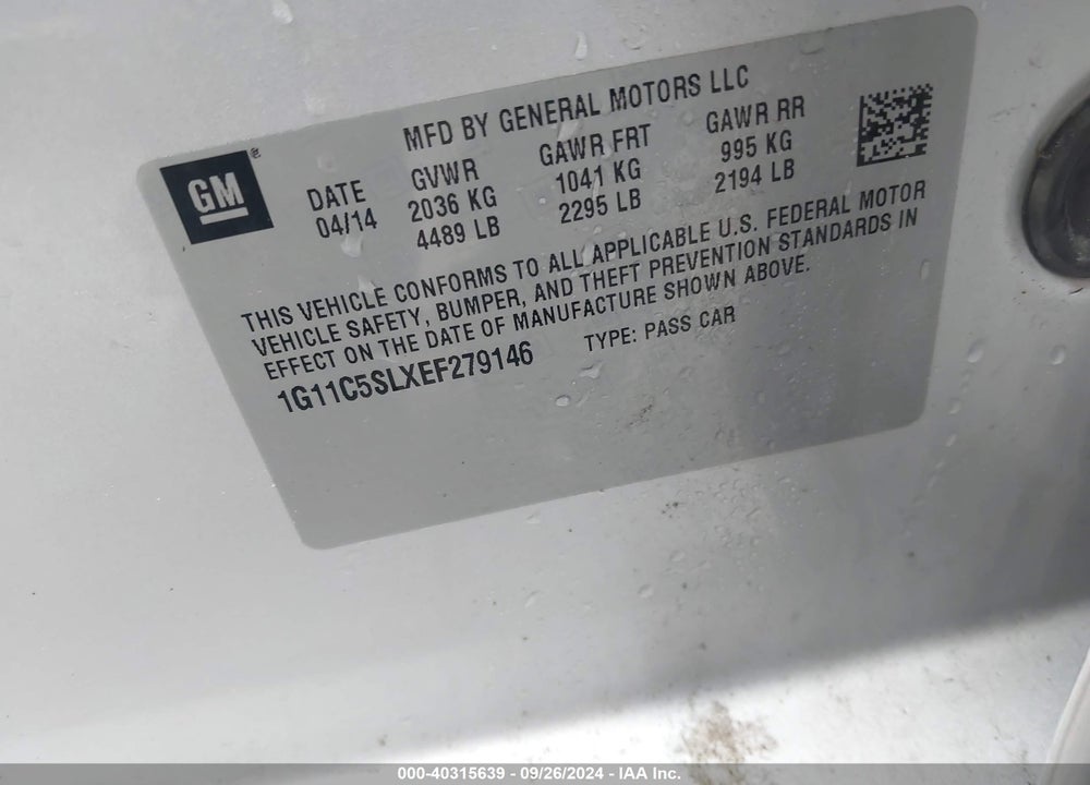 2014 CHEVROLET MALIBU 1LT VIN: 1G11C5SLXEF279146