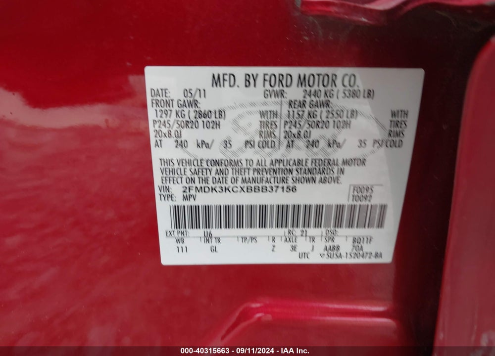 2011 FORD EDGE LIMITED VIN: 2FMDK3KCXBBB37156