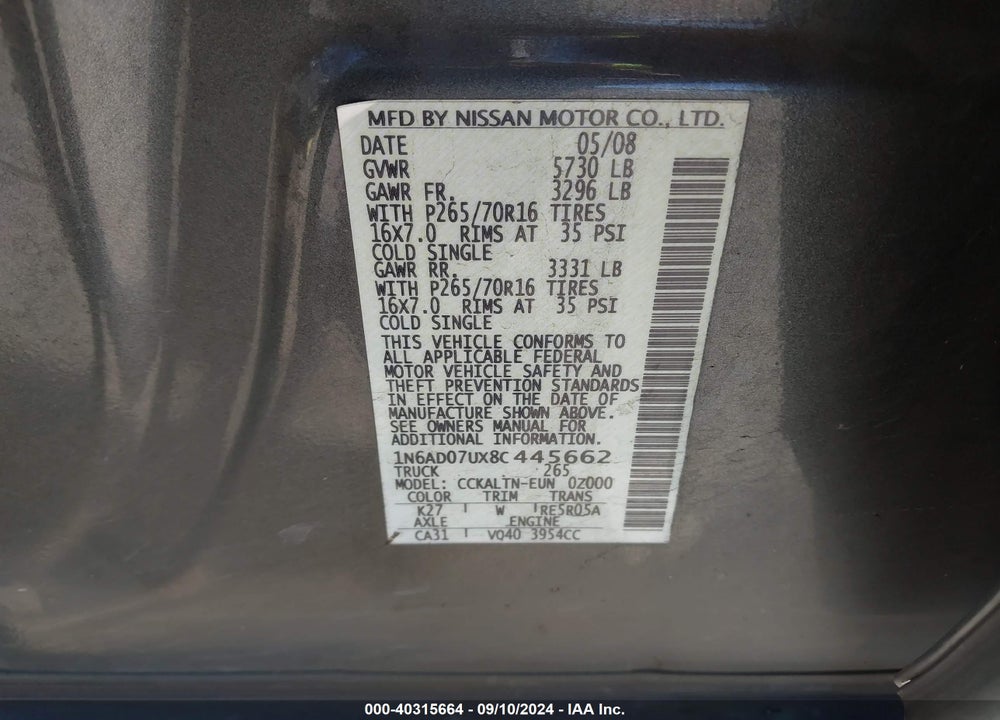2008 NISSAN FRONTIER SE VIN: 1N6AD07UX8C445662