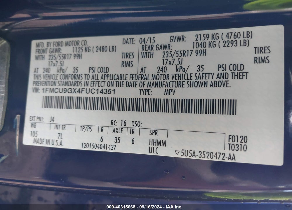 2015 FORD ESCAPE SE VIN: 1FMCU9GX4FUC14351