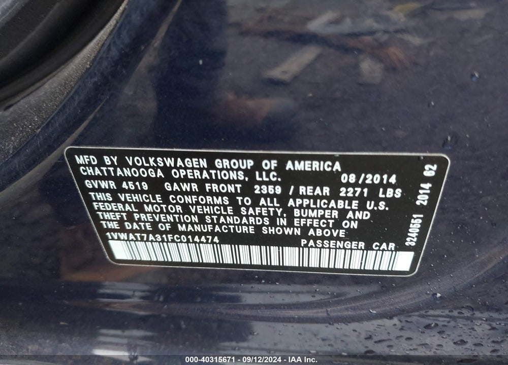 2015 VOLKSWAGEN PASSAT 1.8T WOLFSBURG EDITION VIN: 1VWAT7A31FC014474