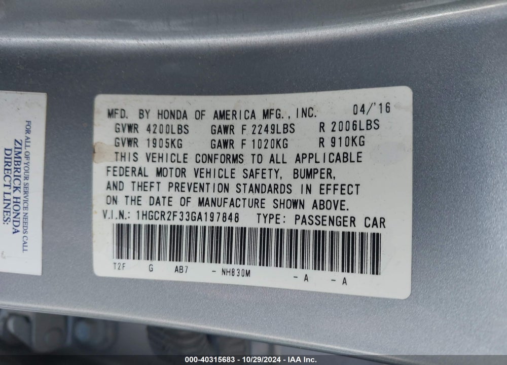 2016 HONDA ACCORD VIN: 1HGCR2F33GA197848