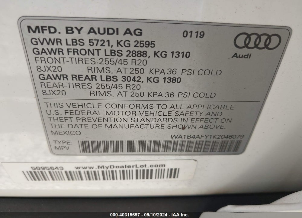 2019 AUDI SQ5 3.0T PREMIUM VIN: WA1B4AFY1K2046079