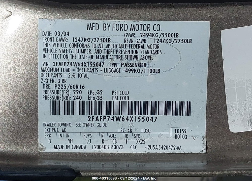 2004 FORD CROWN VICTORIA LX VIN: 2FAFP74W64X155047