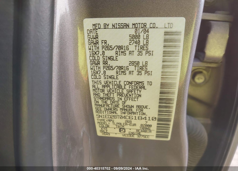 2004 NISSAN XTERRA XE VIN: 5N1ED28T04C618410