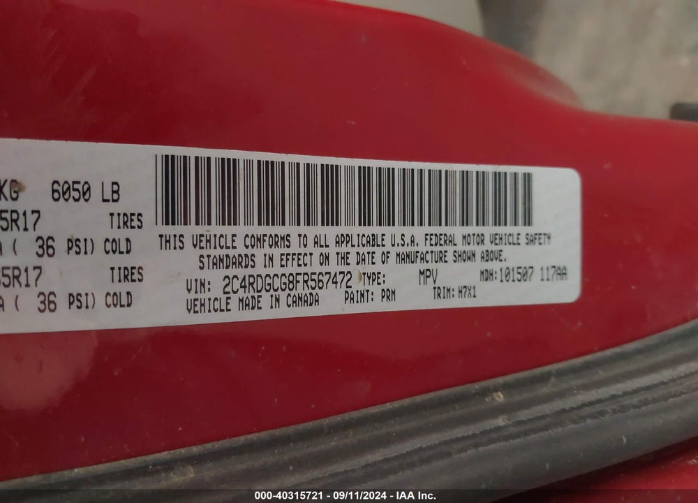 2015 DODGE GRAND CARAVAN VIN: 2C4RDGCG8FR567472