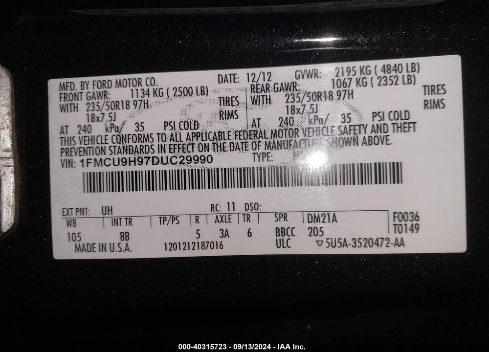 2013 FORD ESCAPE SEL VIN: 1FMCU9H97DUC29990