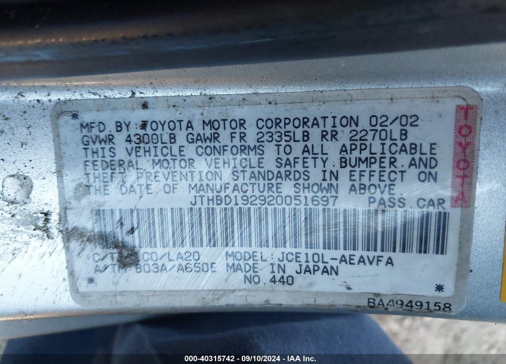 2002 LEXUS IS 300 VIN: JTHBD192920051697