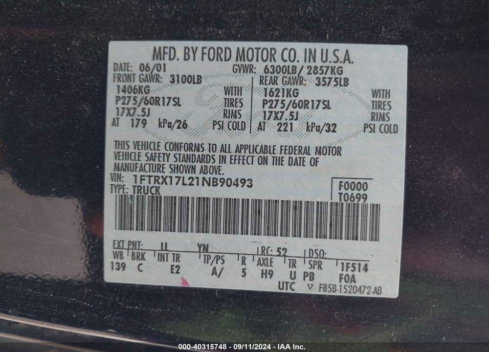 2001 FORD F-150 LARIAT/XL/XLT VIN: 1FTRX17L21NB90493