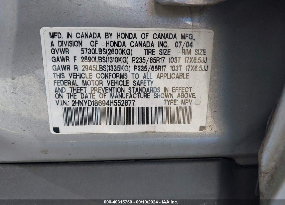 2004 ACURA MDX VIN: 2HNYD18694H552677