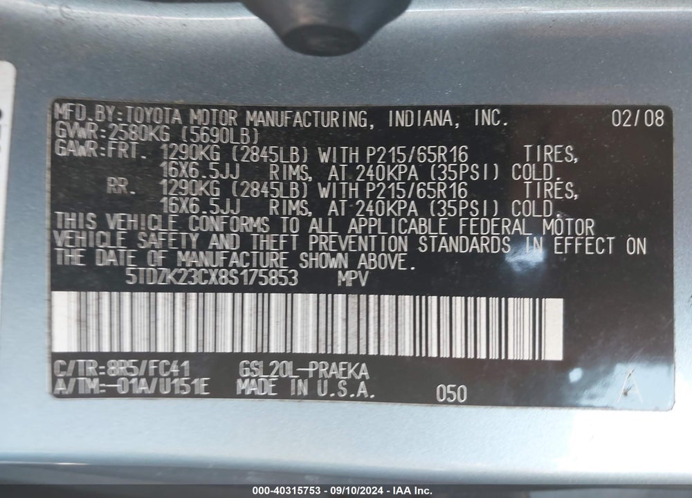 2008 TOYOTA SIENNA LE VIN: 5TDZK23CX8S175853