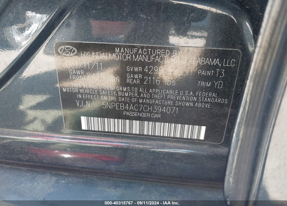 2012 HYUNDAI SONATA GLS VIN: 5NPEB4AC7CH394071