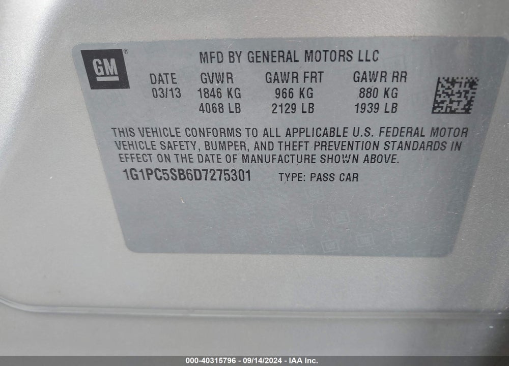 2013 CHEVROLET CRUZE 1LT AUTO VIN: 1G1PC5SB6D7275301