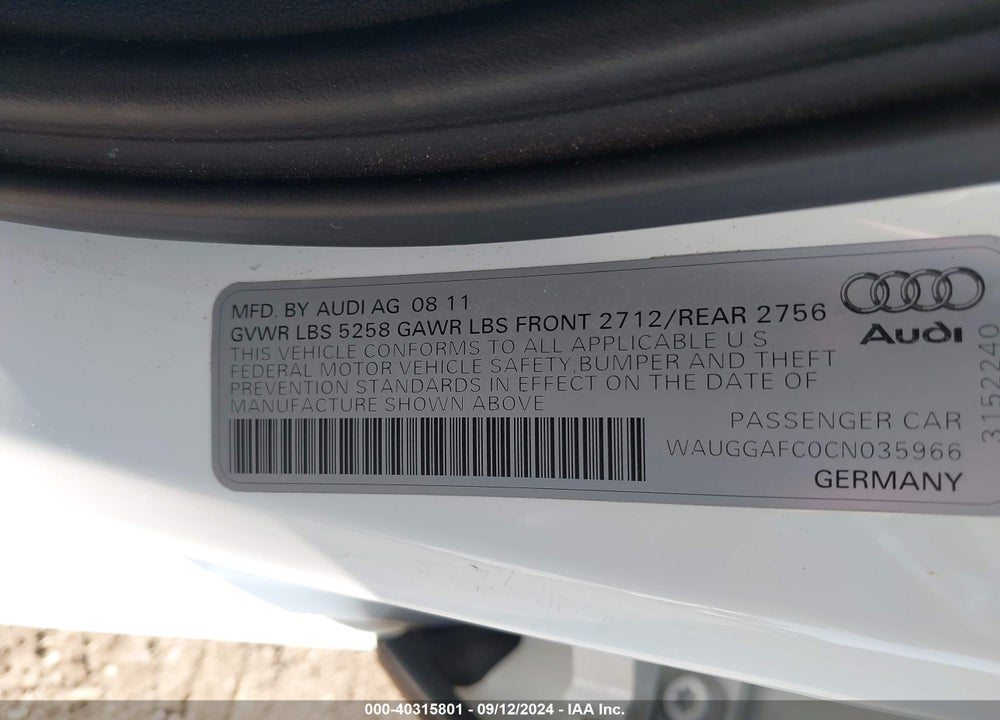 2012 AUDI A6 3.0 PREMIUM VIN: WAUGGAFC0CN035966