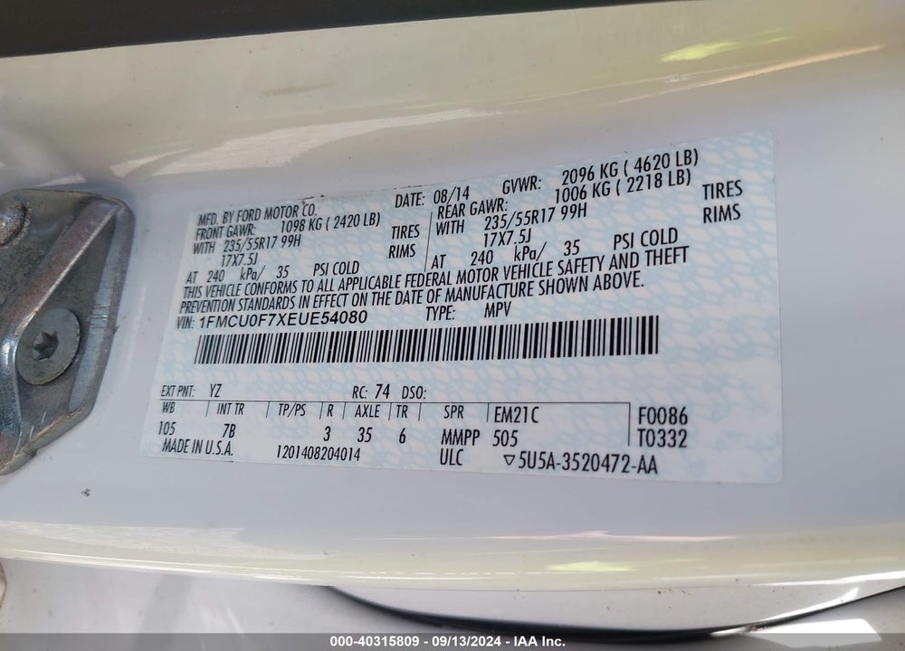 2014 FORD ESCAPE S VIN: 1FMCU0F7XEUE54080