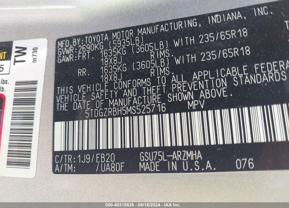 2021 TOYOTA HIGHLANDER XLE VIN: 5TDGZRBH5MS525716