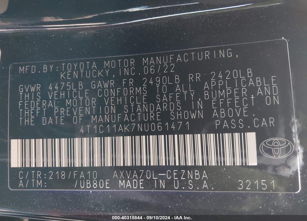 2022 TOYOTA CAMRY LE VIN: 4T1C11AK7NU061471