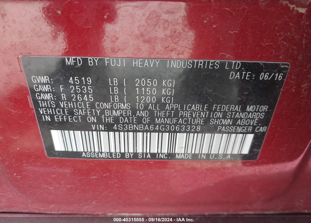 2016 SUBARU LEGACY 2.5I VIN: 4S3BNBA64G3063328