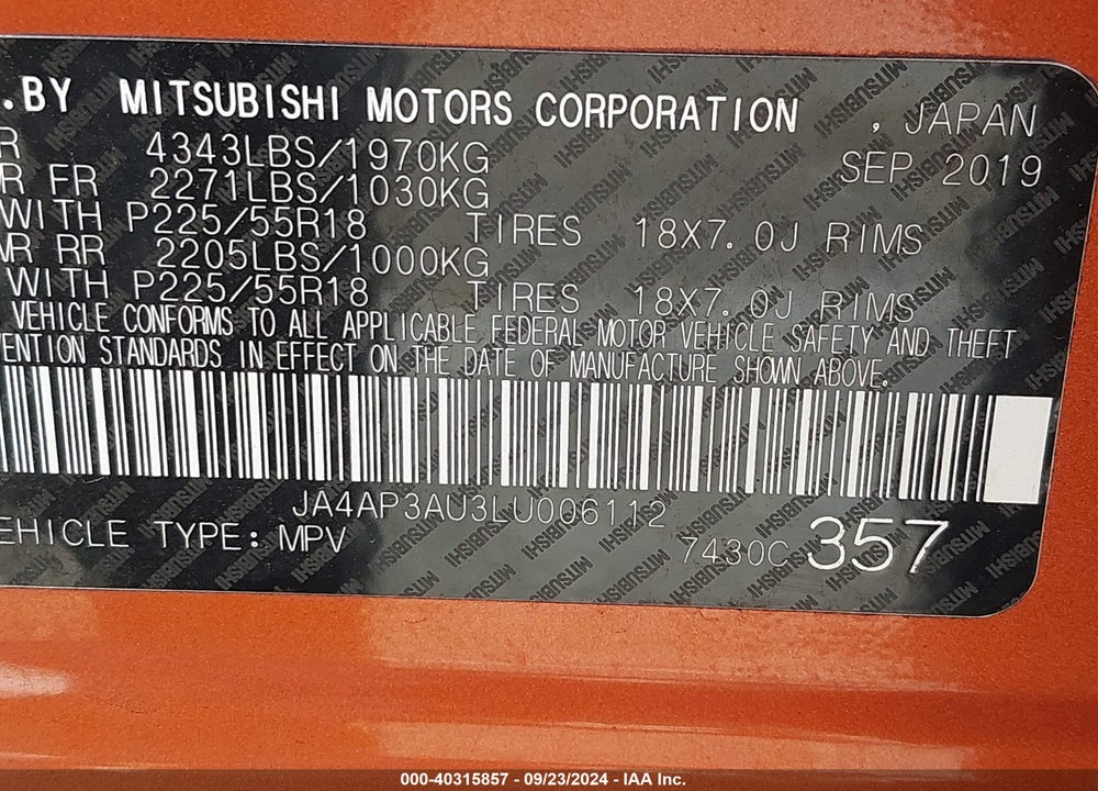 2020 MITSUBISHI OUTLANDER SPORT 2.0 BE/2.0 ES/2.0 SP VIN: JA4AP3AU3LU006112