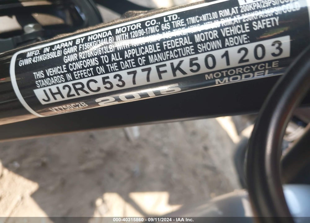 2015 HONDA VT750 C2B VIN: JH2RC5377FK501203