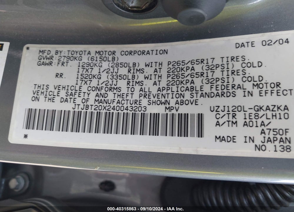 2004 LEXUS GX 470 VIN: JTJBT20X240043203