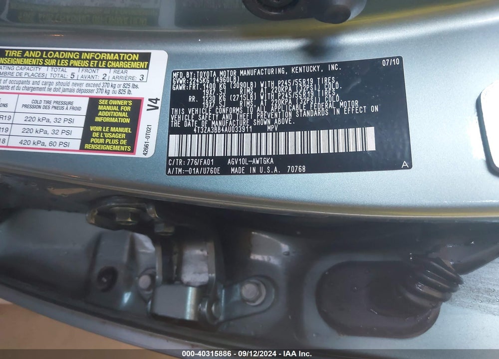 2010 TOYOTA VENZA VIN: 4T3ZA3BB4AU033911