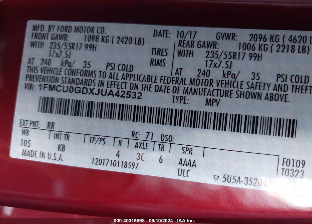 2018 FORD ESCAPE SE VIN: 1FMCU0GDXJUA42532