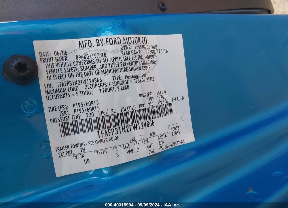 2007 FORD FOCUS S/SE/SES VIN: 1FAFP31N27W124866