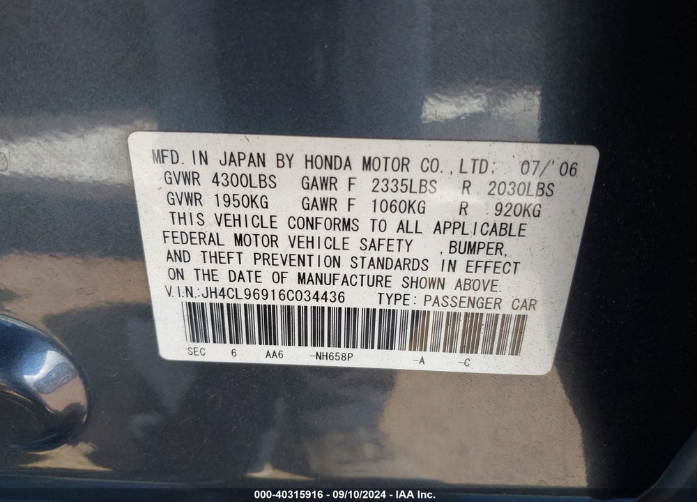 2006 ACURA TSX VIN: JH4CL96916C034436
