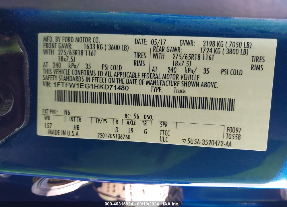 2017 FORD F-150 VIN: 1FTFW1EG1HKD71480