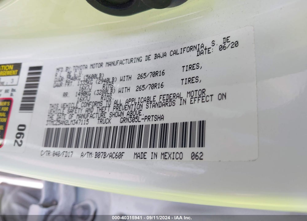 2020 TOYOTA TACOMA TRD OFF ROAD VIN: 3TMCZ5AN2LM347115