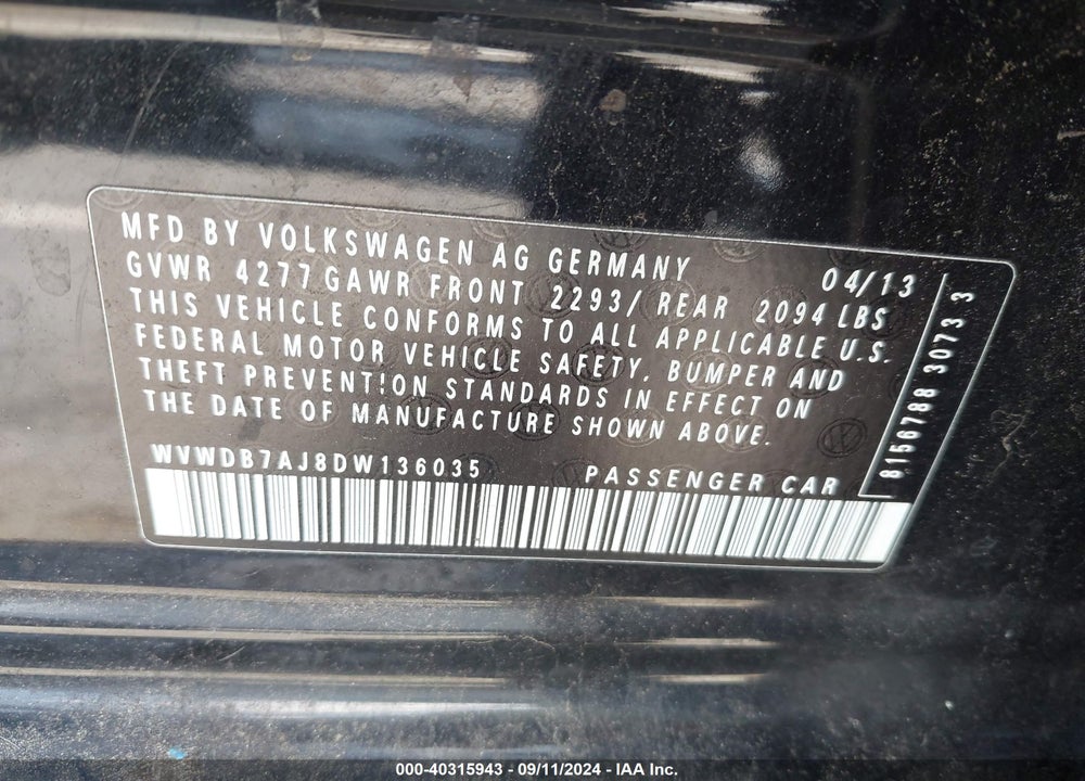 2013 VOLKSWAGEN GOLF 2.5L 4-DOOR VIN: WVWDB7AJ8DW136035