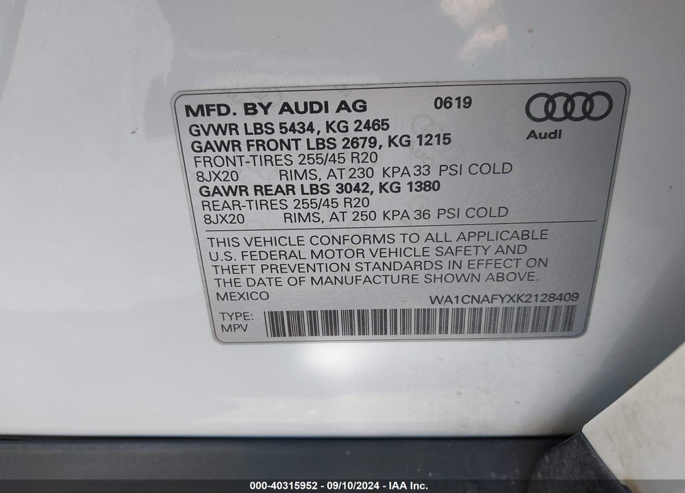 2019 AUDI Q5 45 PREMIUM VIN: WA1CNAFYXK2128409
