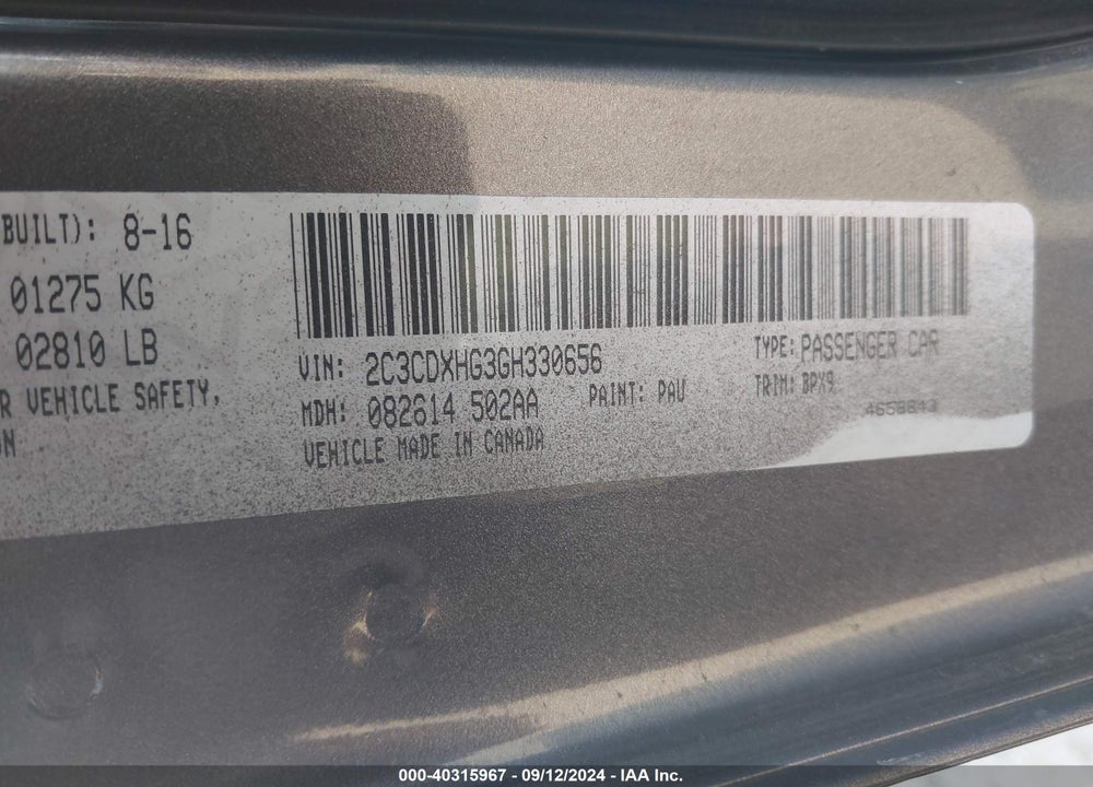 2016 DODGE CHARGER SXT VIN: 2C3CDXHG3GH330656