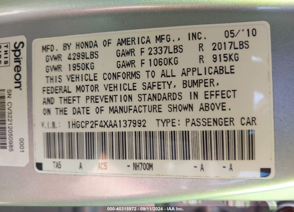 2010 HONDA ACCORD 2.4 LX-P VIN: 1HGCP2F4XAA137992