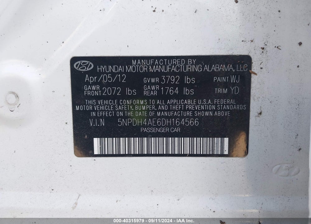 2013 HYUNDAI ELANTRA LIMITED VIN: 5NPDH4AE6DH164566