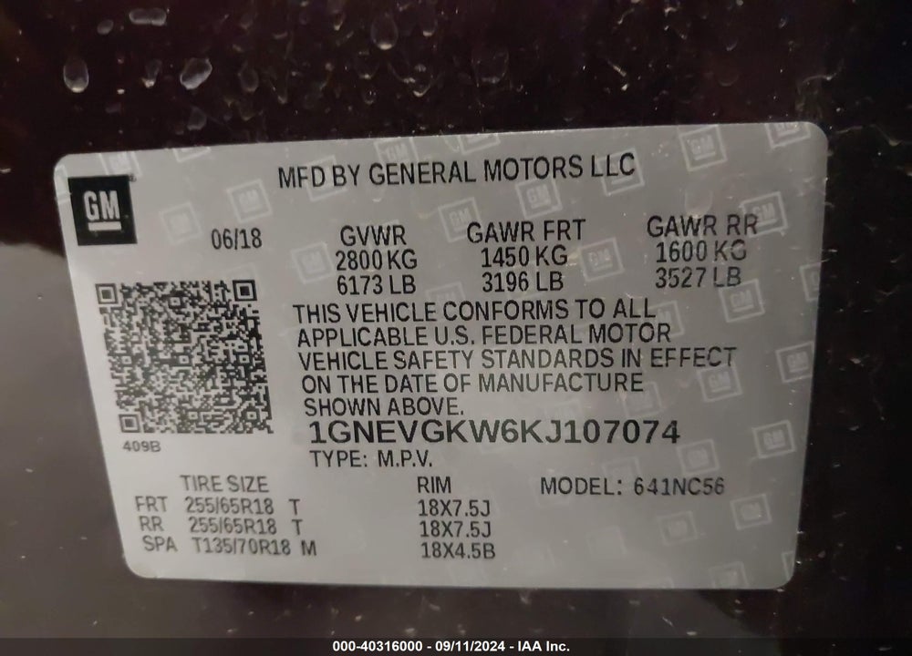 2019 CHEVROLET TRAVERSE 1LT VIN: 1GNEVGKW6KJ107074