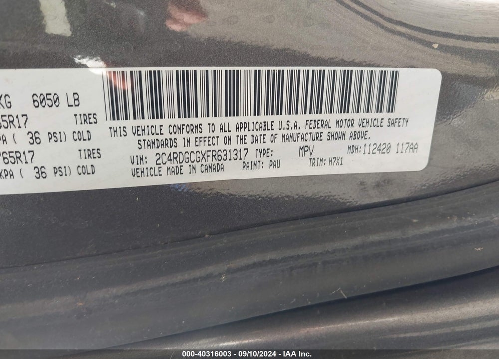 2015 DODGE GRAND CARAVAN SXT VIN: 2C4RDGCGXFR631317