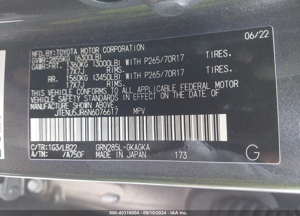 2022 TOYOTA 4RUNNER SR5 PREMIUM VIN: JTENU5JR6N6076617