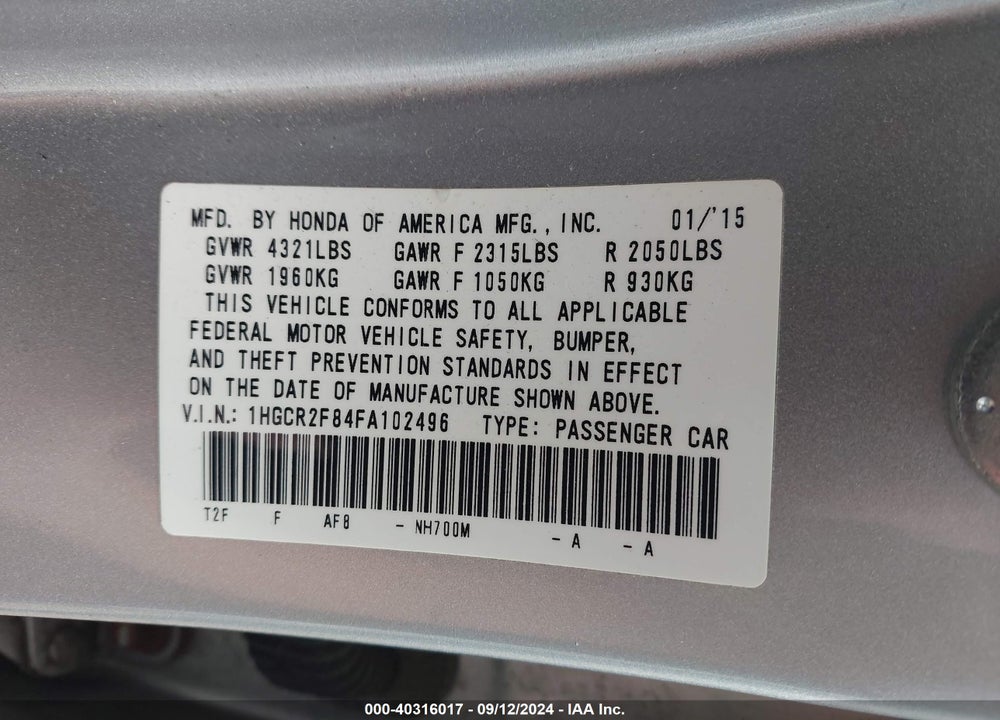 2015 HONDA ACCORD EX-L VIN: 1HGCR2F84FA102496