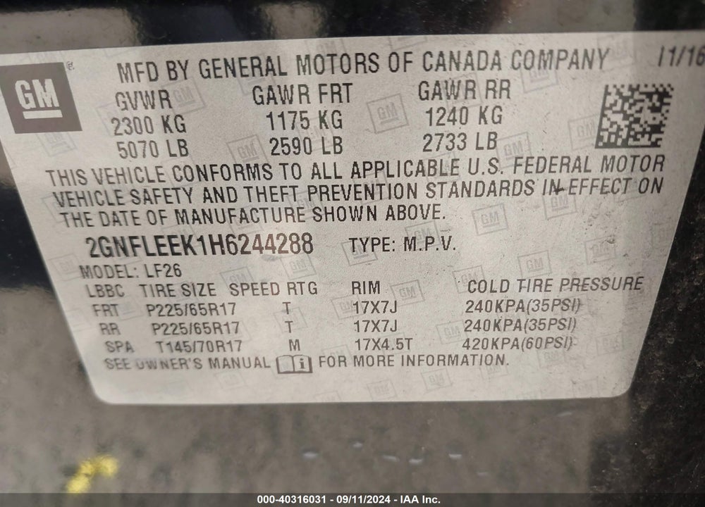 2017 CHEVROLET EQUINOX LS VIN: 2GNFLEEK1H6244288