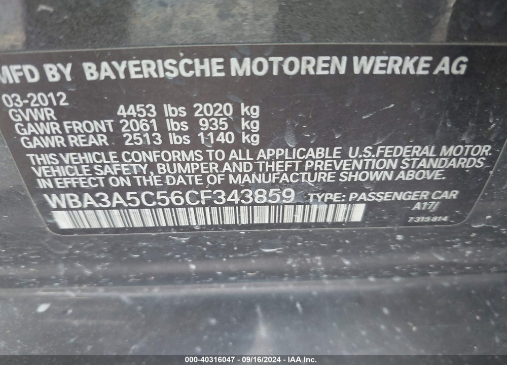 2012 BMW 328I VIN: WBA3A5C56CF343859