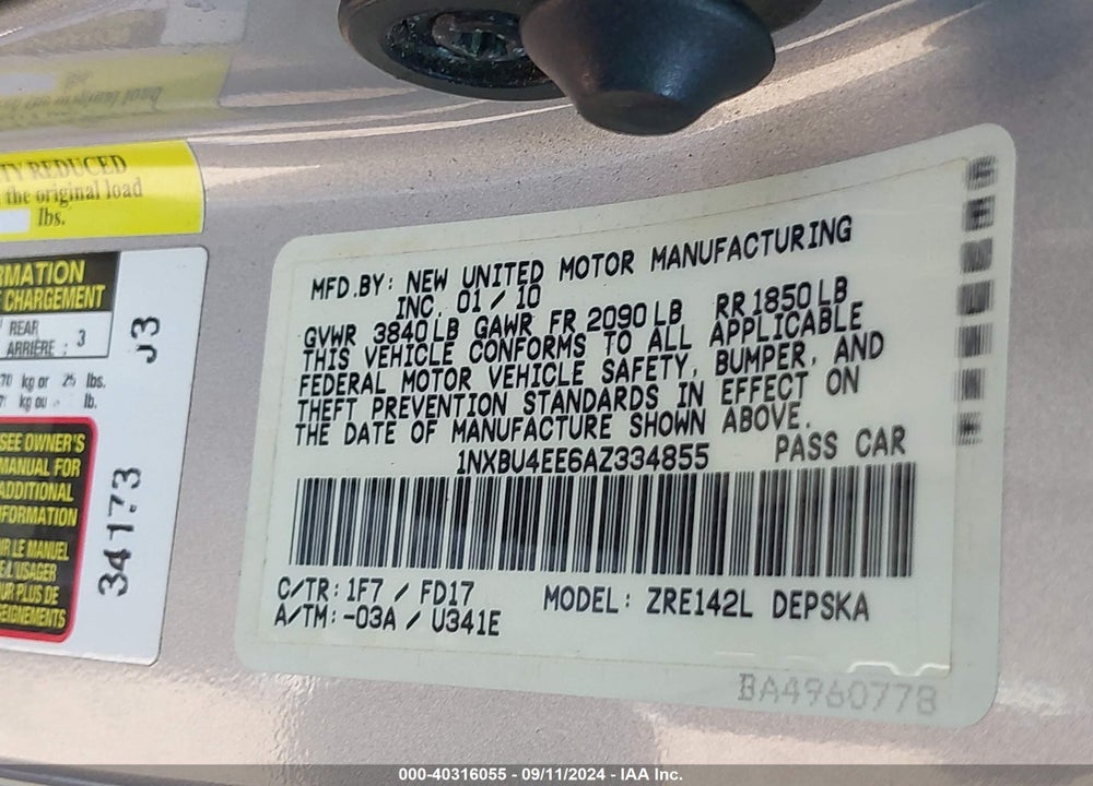 2010 TOYOTA COROLLA VIN: 1NXBU4EE6AZ334855