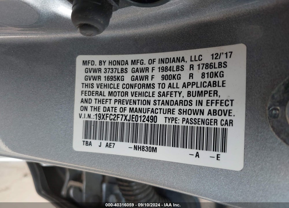 2018 HONDA CIVIC EX VIN: 19XFC2F7XJE012490
