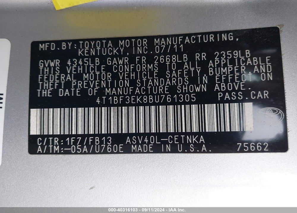 2011 TOYOTA CAMRY LE VIN: 4T1BF3EK8BU761305