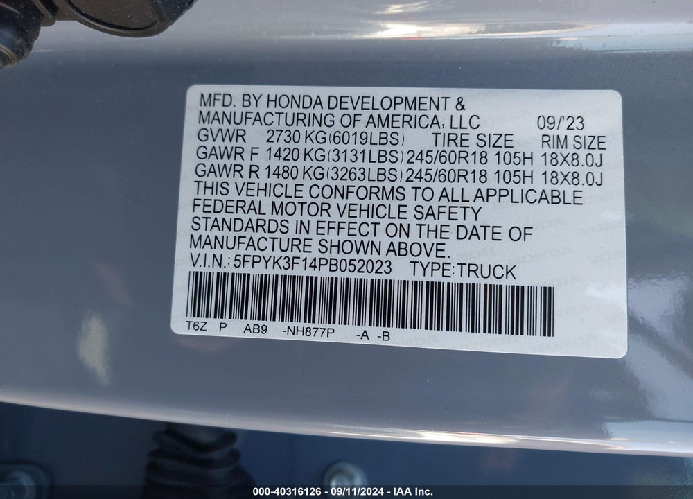 2023 HONDA RIDGELINE SPORT VIN: 5FPYK3F14PB052023