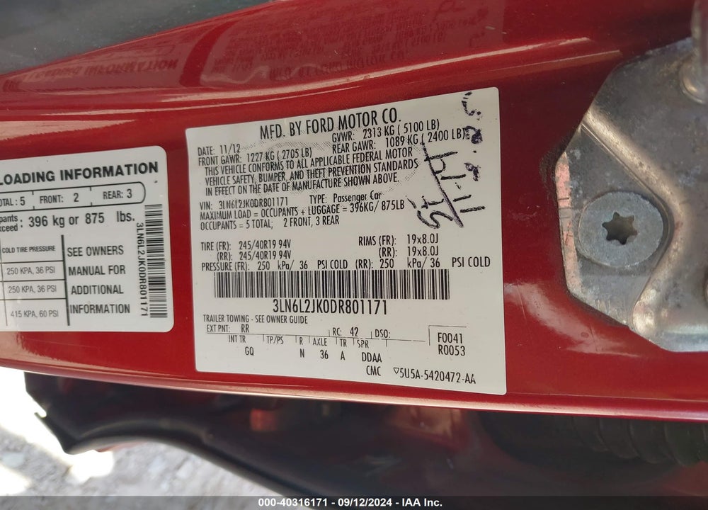 2013 LINCOLN MKZ VIN: 3LN6L2JK0DR801171