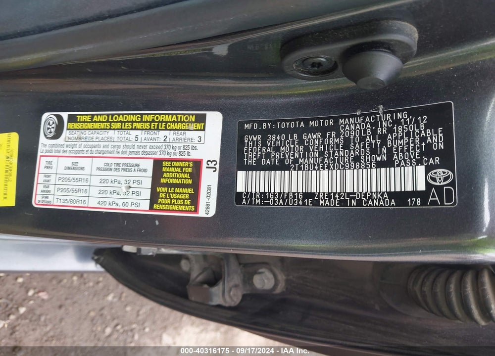 2013 TOYOTA COROLLA LE VIN: 2T1BU4EEXDC998856