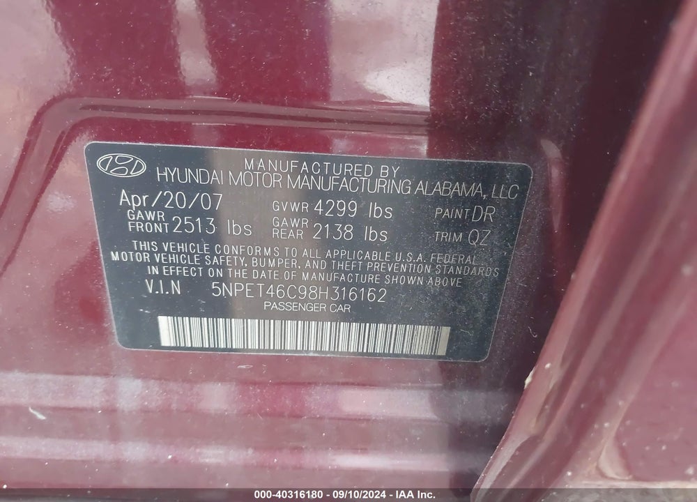 2008 HYUNDAI SONATA VIN: 5NPET46C98H316162
